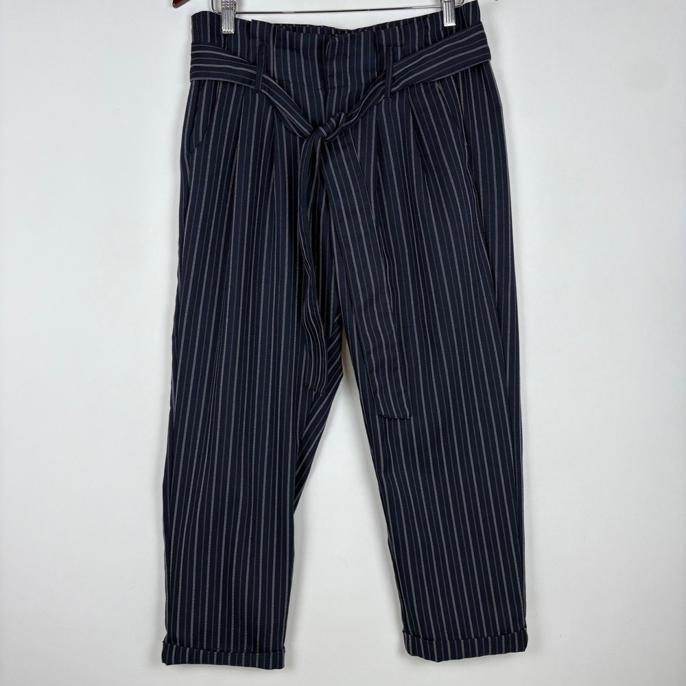 Indigo Rein Pinstripe Trousers Navy Blue Tie Waist Cuffed